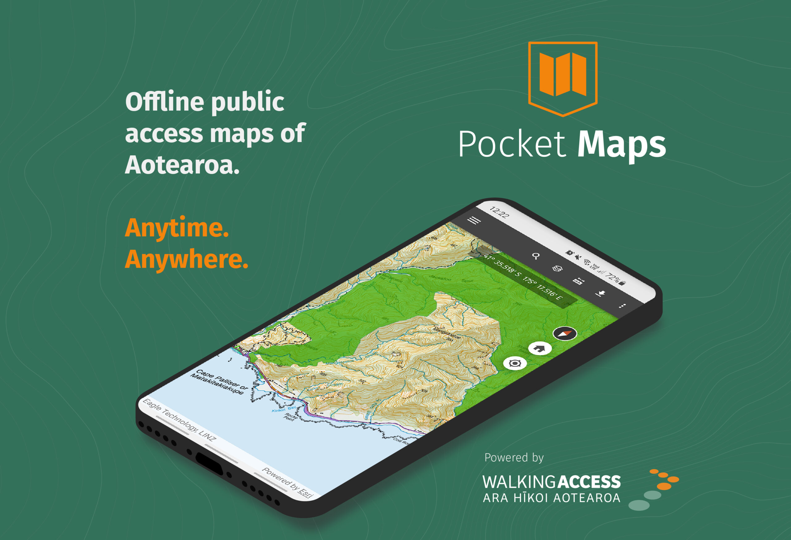 Pocket Maps mobile app showing an offline topographic map on a smartphone.