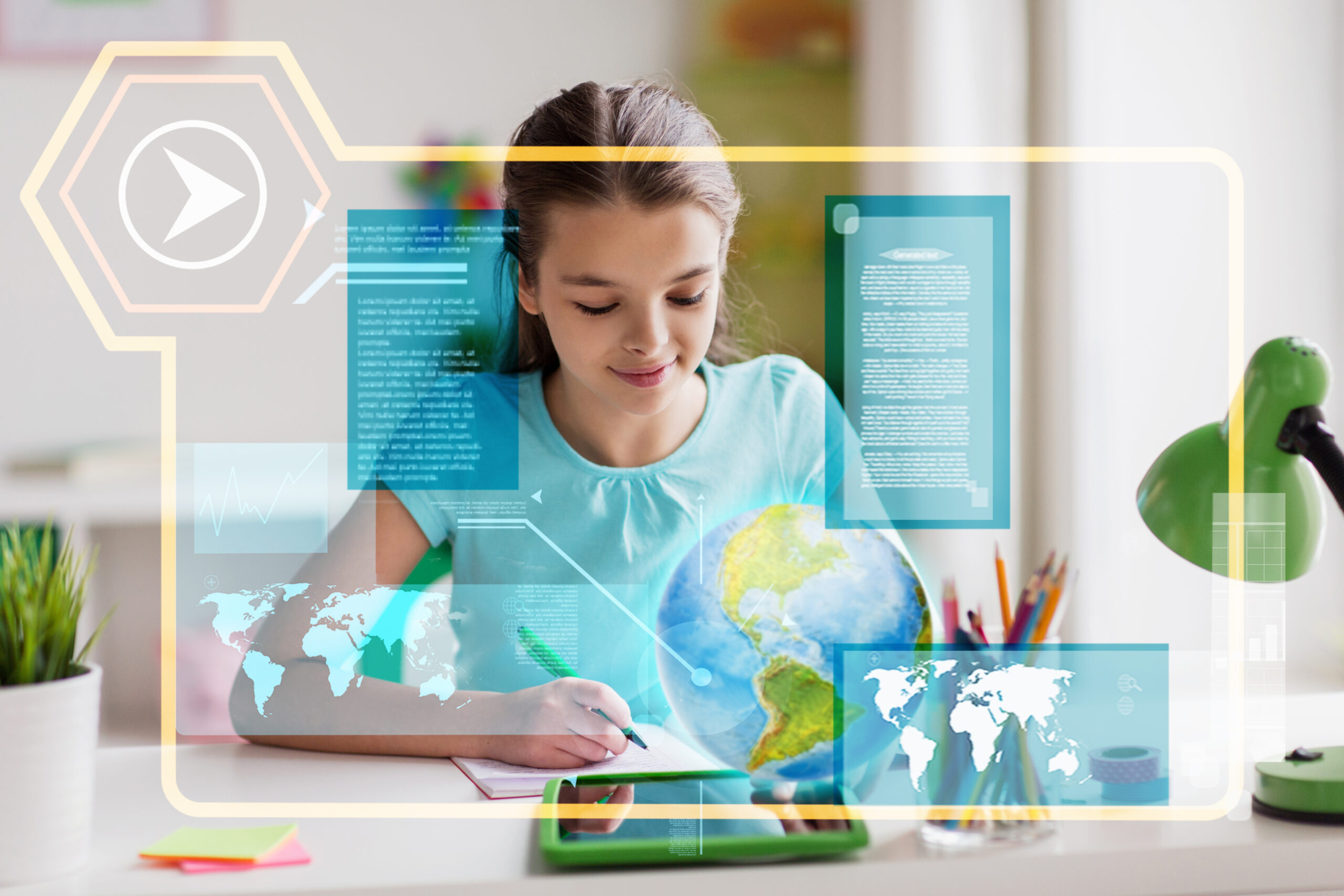 A girl sits writing in a notebook in the background of a semi-transparent graphic with maps and text.